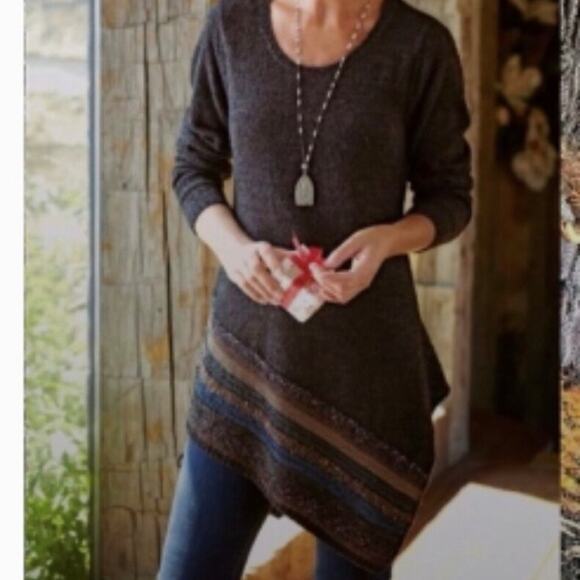 Soft Surroundings Red Navy Gray asymmetrical mixed knit hem sweater size Medium - Picture 1 of 6